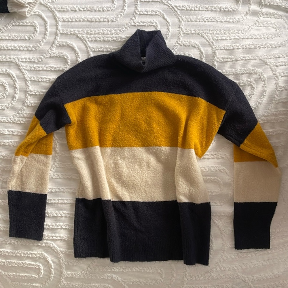 siena sky, sweater, blue, yellow, and cream striped